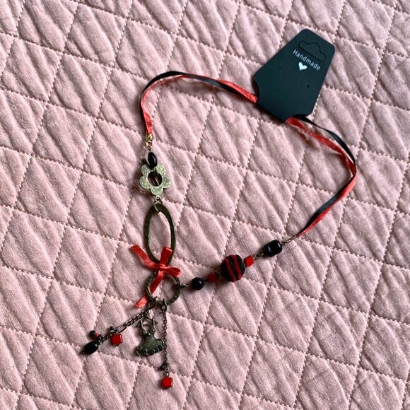 Handmade - Red & Black Little dress Charm Necklace – Asymmetrical Mixed-Media - Picture 6 of 9